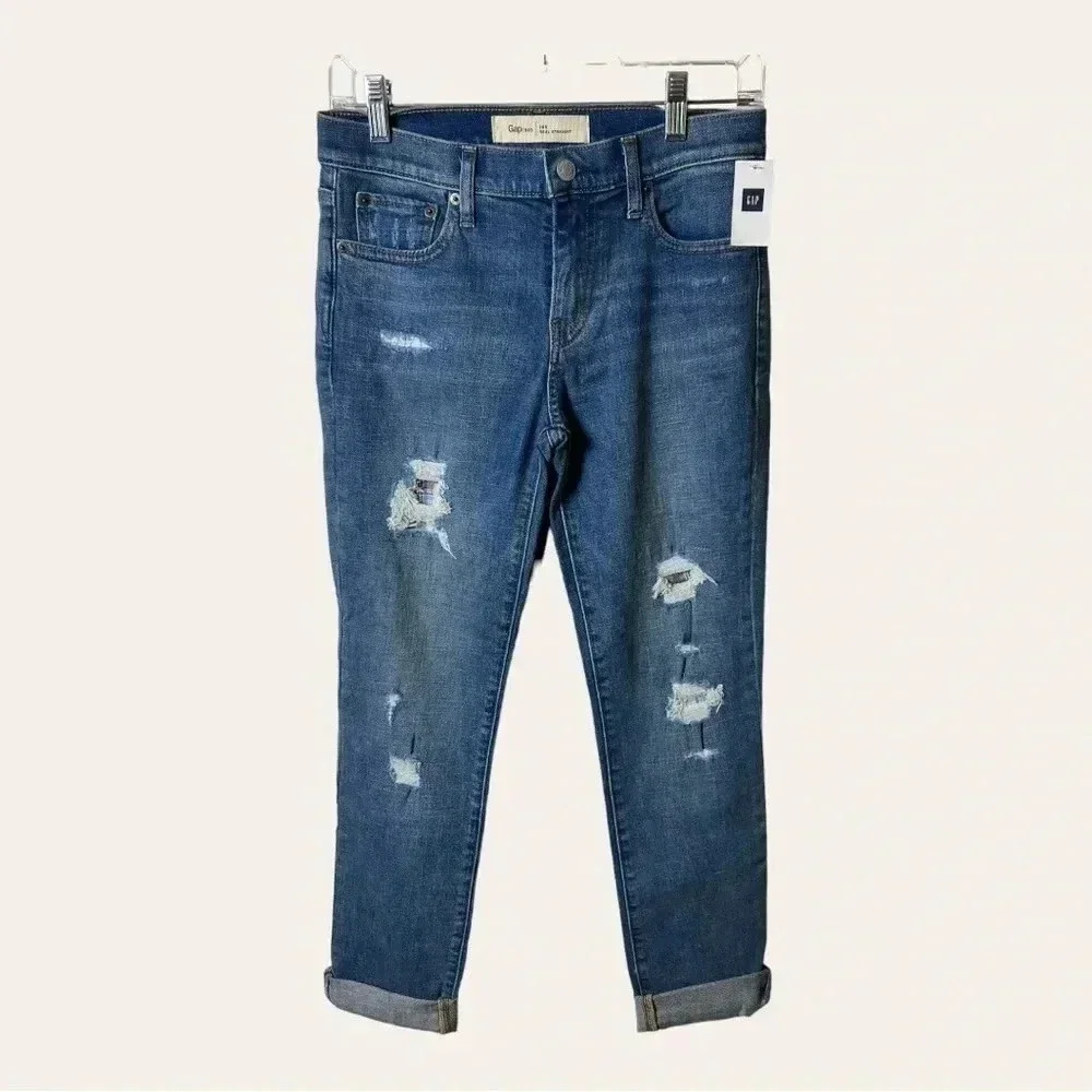 0826. GAP DENIM JEANS 26‎ REGULAR REAL STRAIGHT DISTRESSED WITH PLAID PATCHES